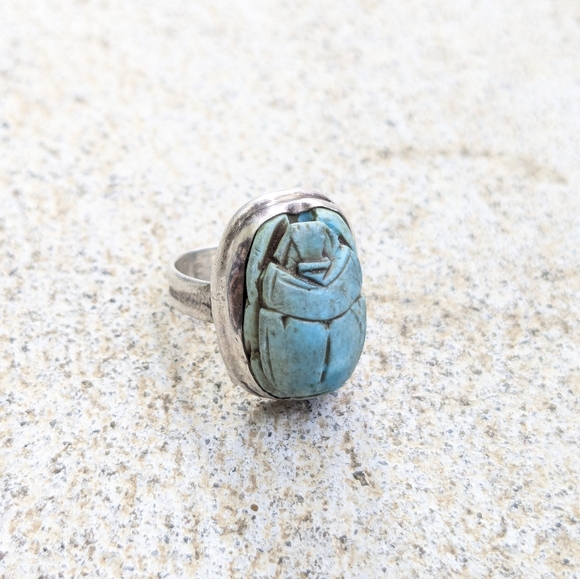 Vintage Sterling Silver Scarab Ring Blue Beatle 4.25 Egypt Kemet - Picture 1 of 12